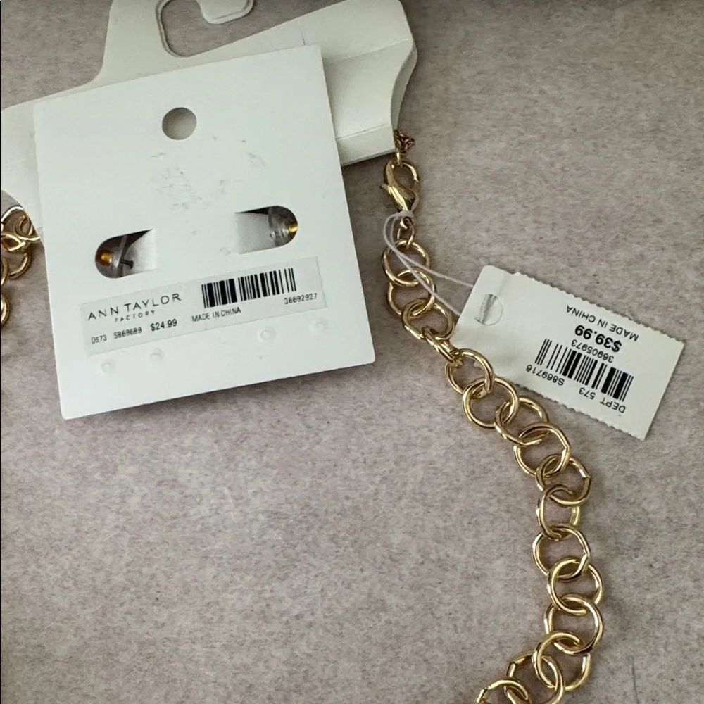 Ann Taylor Mother‎ of Pearl Necklace and Earring Set Gold Tone